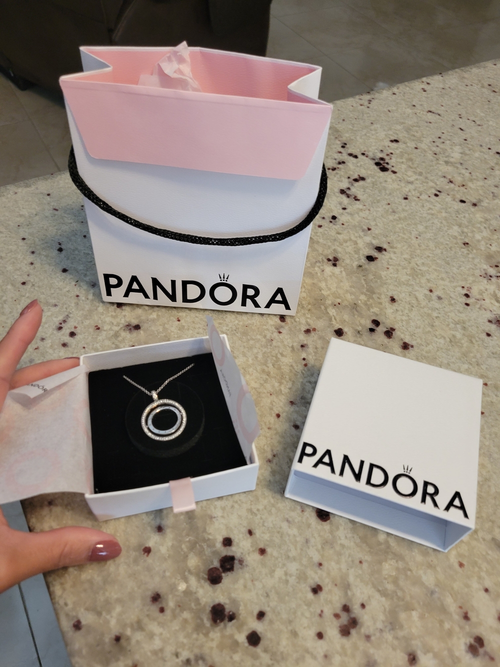 Pandora Silver Double Circle Pendant Necklace - White & Silver